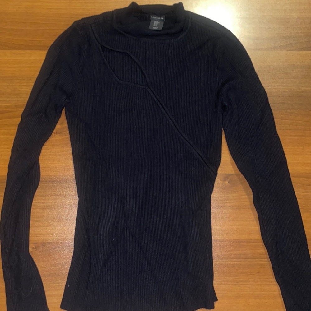 Rayon and nylon long sleeved ribbed shirt with high neckline